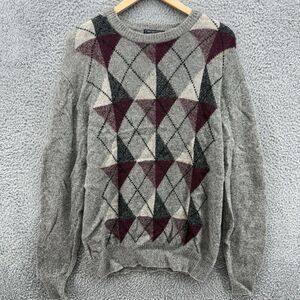 Vintage Mirell Hand Framed 100% Shetland Wool Gray Argyle‎ Sweater Mens L READ